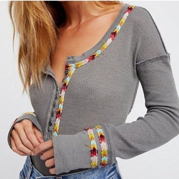 Free People Tops - Free People Gray Long Sleeve Top with Multicolor Trim